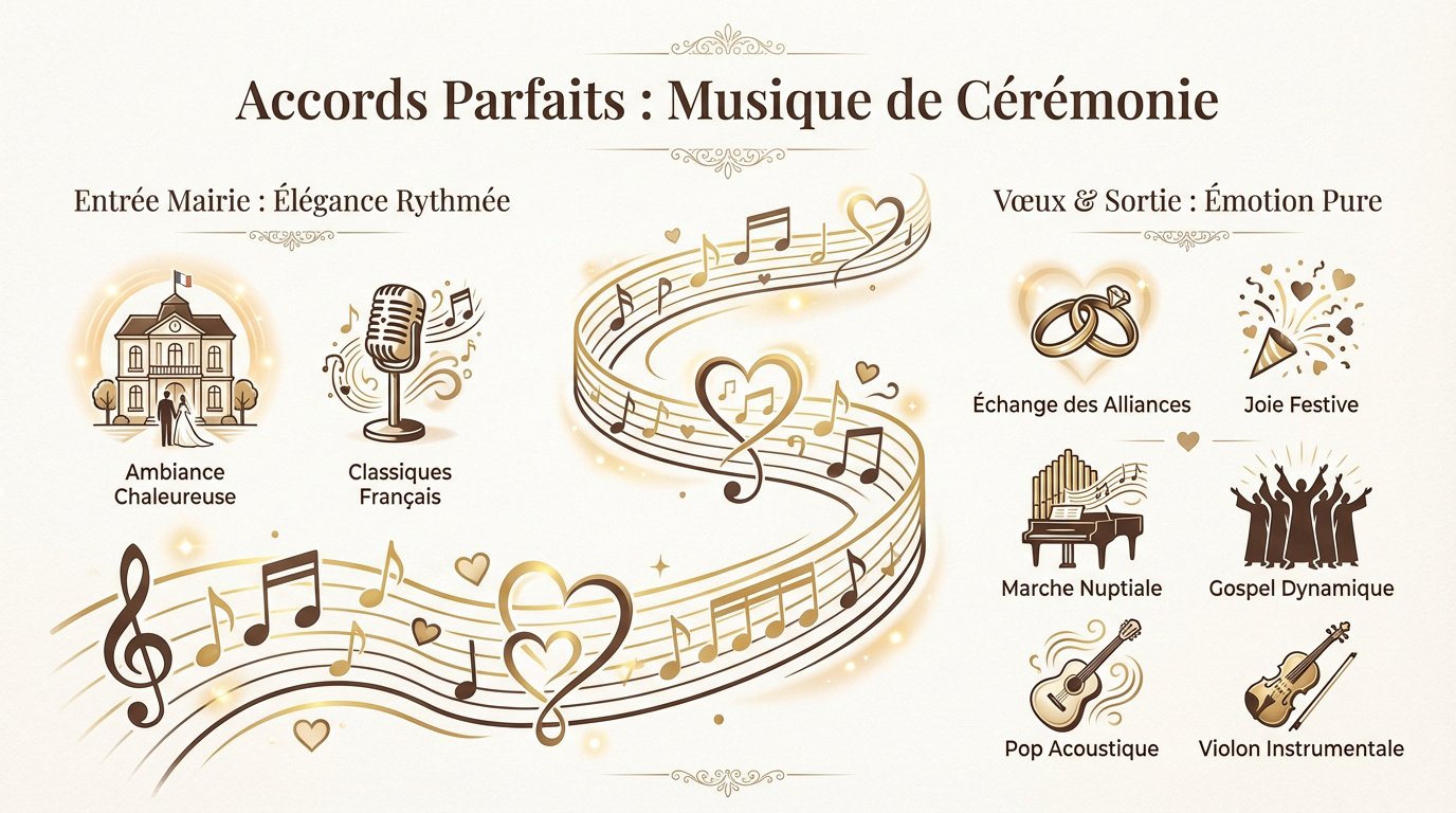 Couple de mariés échangeant un regard complice pendant leur cérémonie de mariage en musique