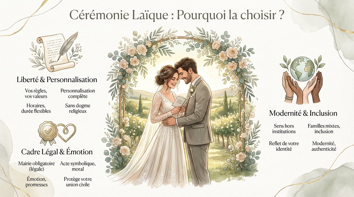 Couple s'échangeant des vœux lors d'une cérémonie laïque en extérieur