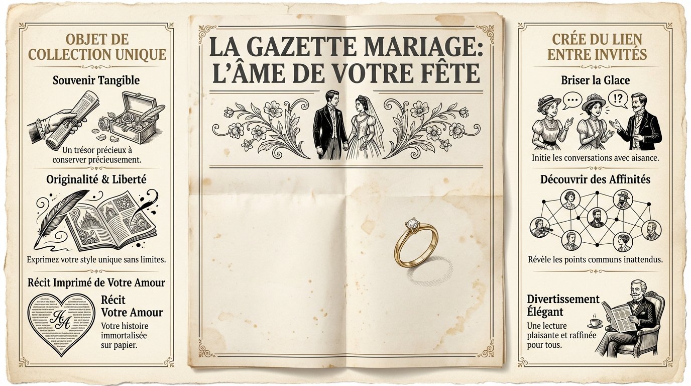 Une gazette de mariage élégante posée sur une table de fête