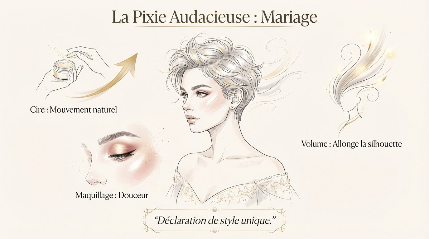 Mariée élégante avec une coupe pixie texturisée et volumineuse pour son mariage