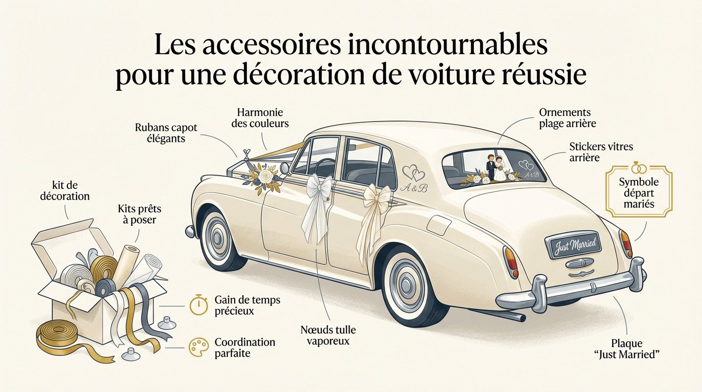 Décoration élégante de voiture de mariage avec rubans et fleurs