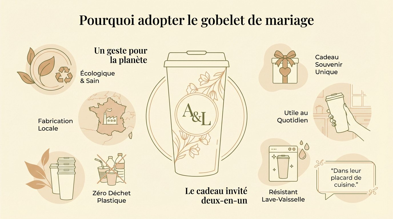 Gobelets de mariage personnalisés disposés élégamment sur une table de fête