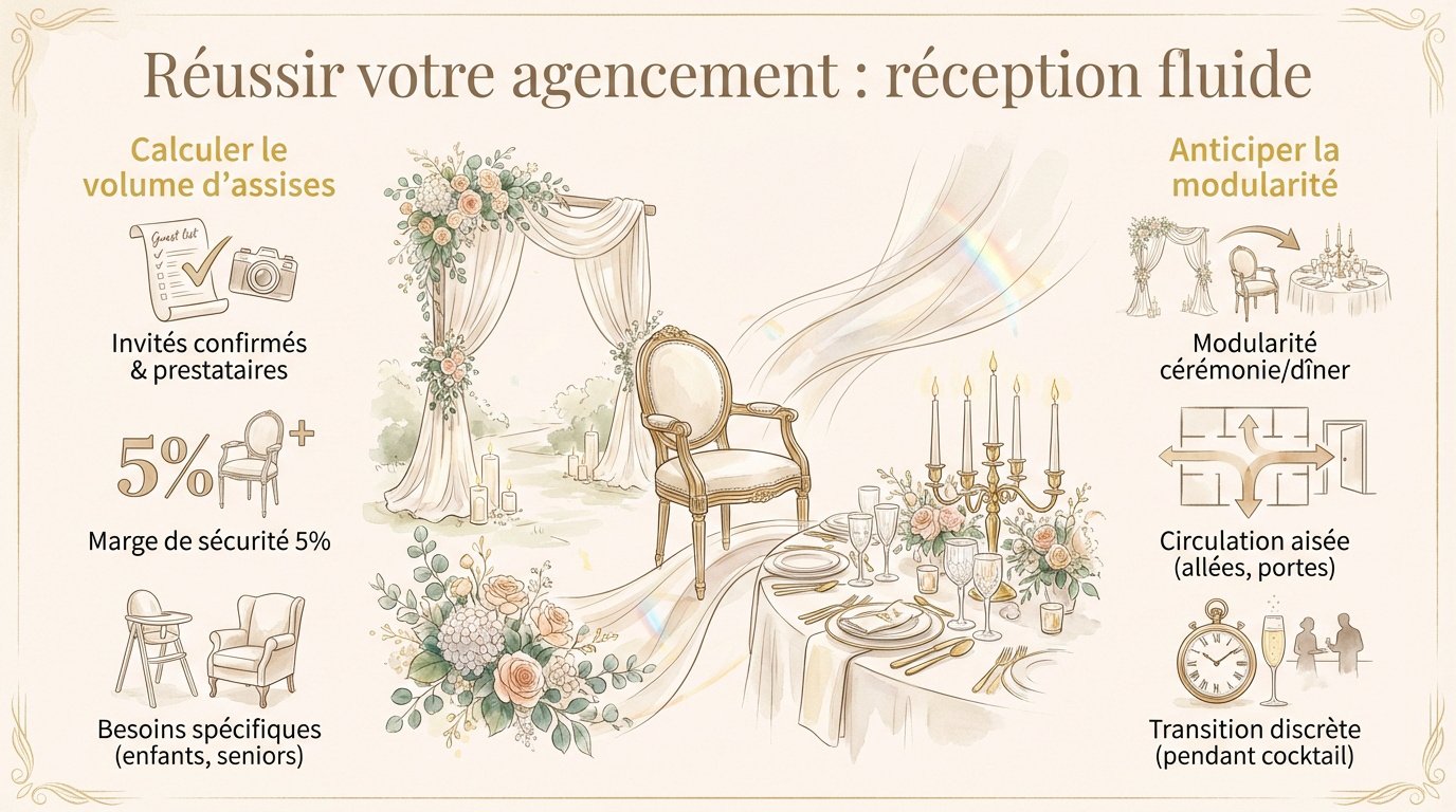 Agencement fluide des chaises pour une réception de mariage élégante